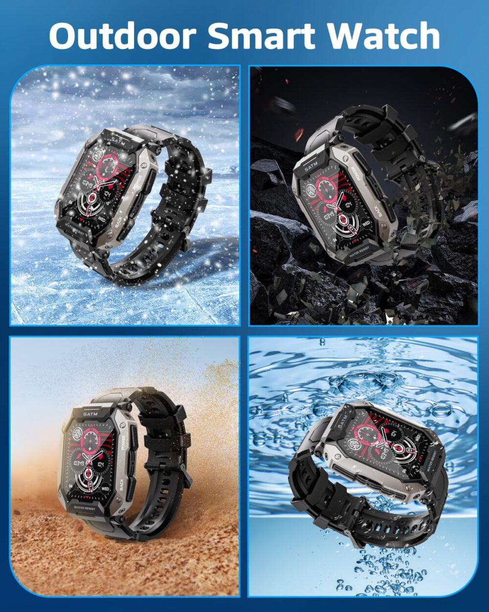 Military Smart Watches for Men, 2.01'' HD Display with Bluetooth Calls 100+ Sport Modes, IP68 Waterproof for Swimming Fitness Smart Watch for Android and iPhone Smartwatch, Black - Image 3