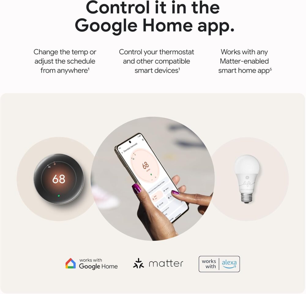 Google Nest Learning Thermostat (4th Gen, 2024) with Nest Temperature Sensor - Energy Saving Smart Thermostat with Adaptive Eco - Works with Alexa and Google Home App - Polished Obsidian - Image 10