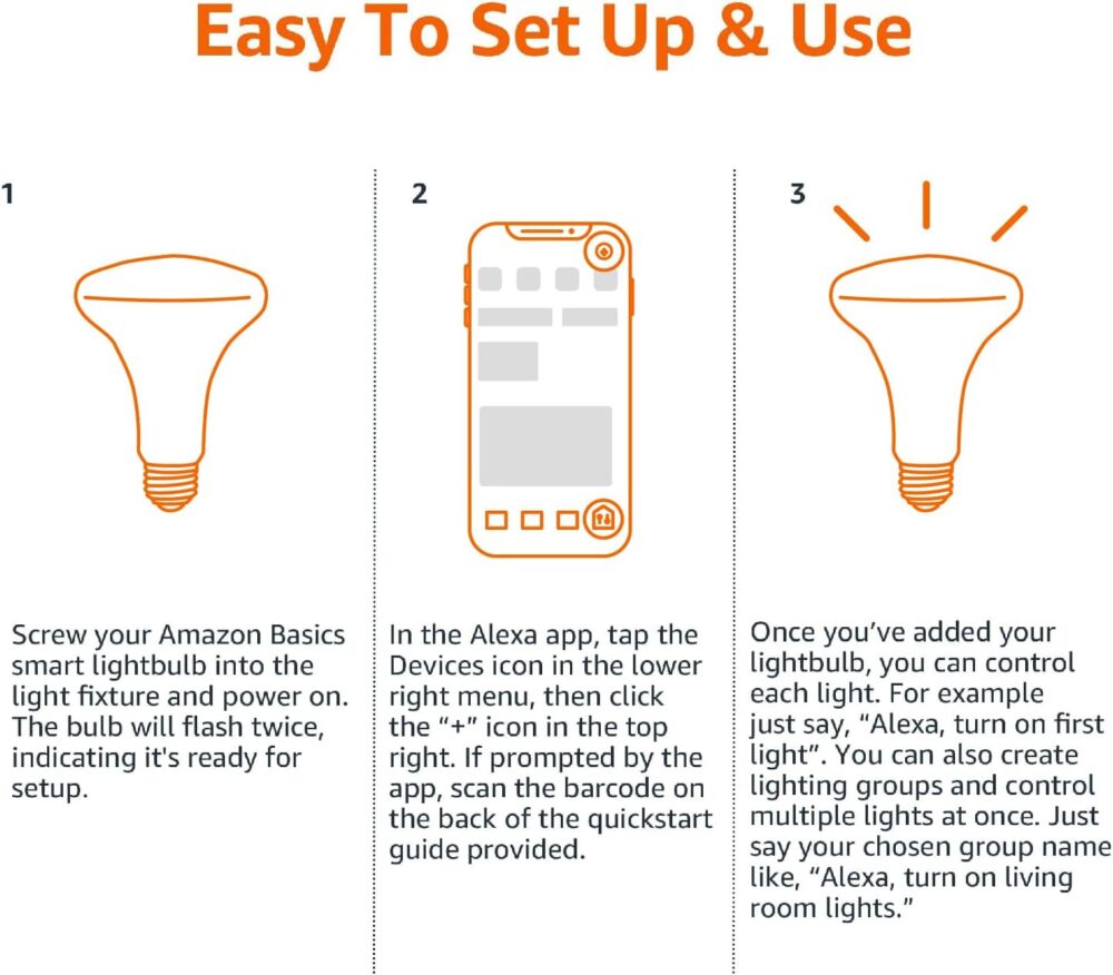 Amazon Basics Smart BR30 LED Light Bulb, Color Changing, 9W (60W Equivalent), 800LM, Works with Alexa Only, 2.4 GHz Wi-Fi, No Hub Required, 1 Pack - Image 6