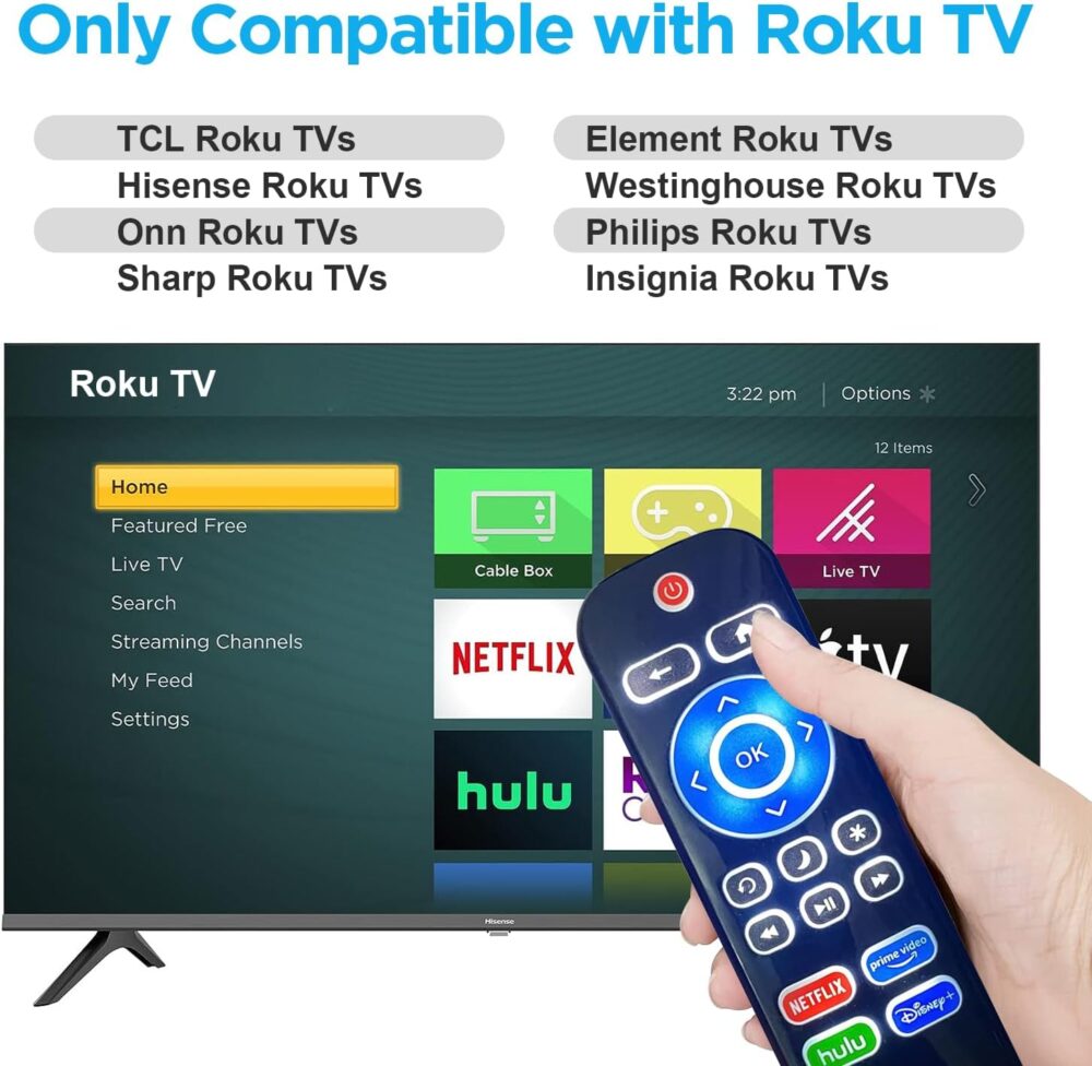 Replacement Backlit TV Remote Control for Roku TV, for TCL/Hisense/Sharp/Philips/Onn/Element/Insignia/Westinghouse Roku TV (NOT for Roku Stick or Box), Black - Image 3
