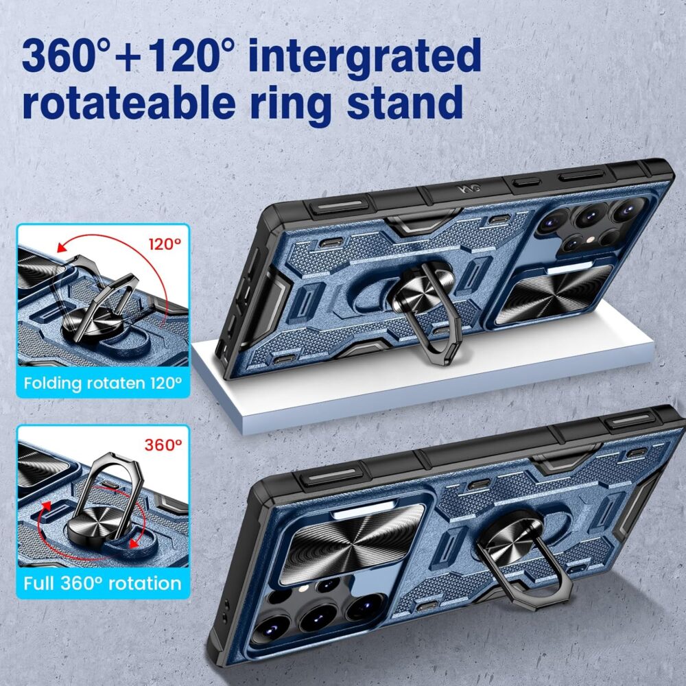 VEGO for Galaxy S24 Ultra Case with Stand, Camera Lens Cover & 360° Rotatable Ring Kickstand & Belt Clip Holster Military Protective Case for Samsung Galaxy S24 Ultra 5G - Blue - Image 4