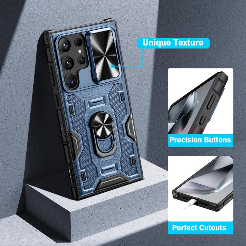 VEGO for Galaxy S24 Ultra Case with Stand, Camera Lens Cover & 360° Rotatable Ring Kickstand & Belt Clip Holster Military Protective Case for Samsung Galaxy S24 Ultra 5G - Blue - Image 7