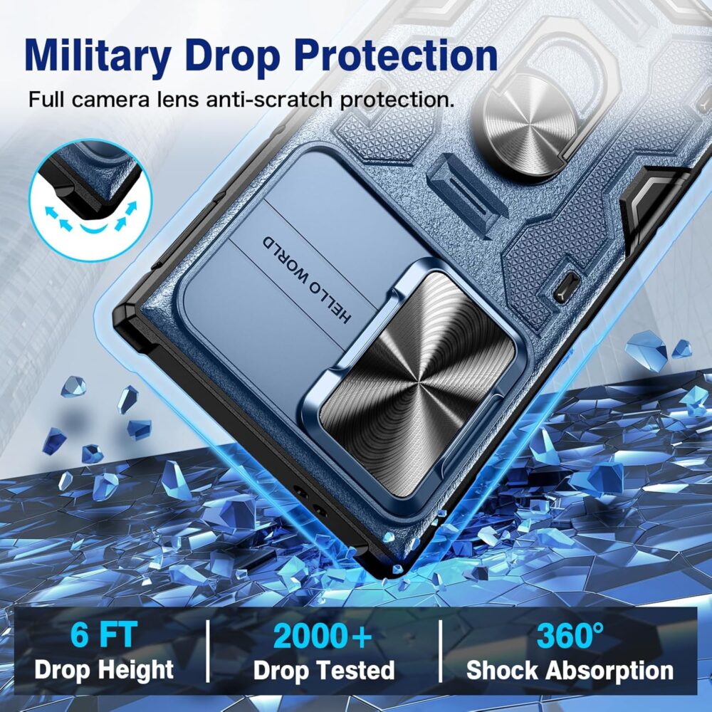 VEGO for Galaxy S24 Ultra Case with Stand, Camera Lens Cover & 360° Rotatable Ring Kickstand & Belt Clip Holster Military Protective Case for Samsung Galaxy S24 Ultra 5G - Blue - Image 9