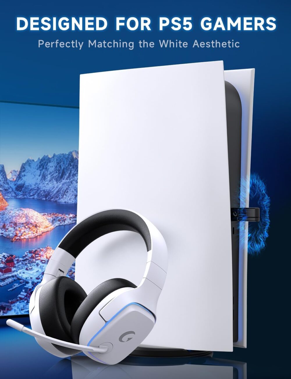 2.4GHz Wireless Gaming Headsets for PS5, PS4, PC, Switch - Bluetooth 5.3 Gaming Headphones with Noise Canceling Mic, 7.1 Surround Sound, 70H Battery, Gaming Lighting - White - Image 3