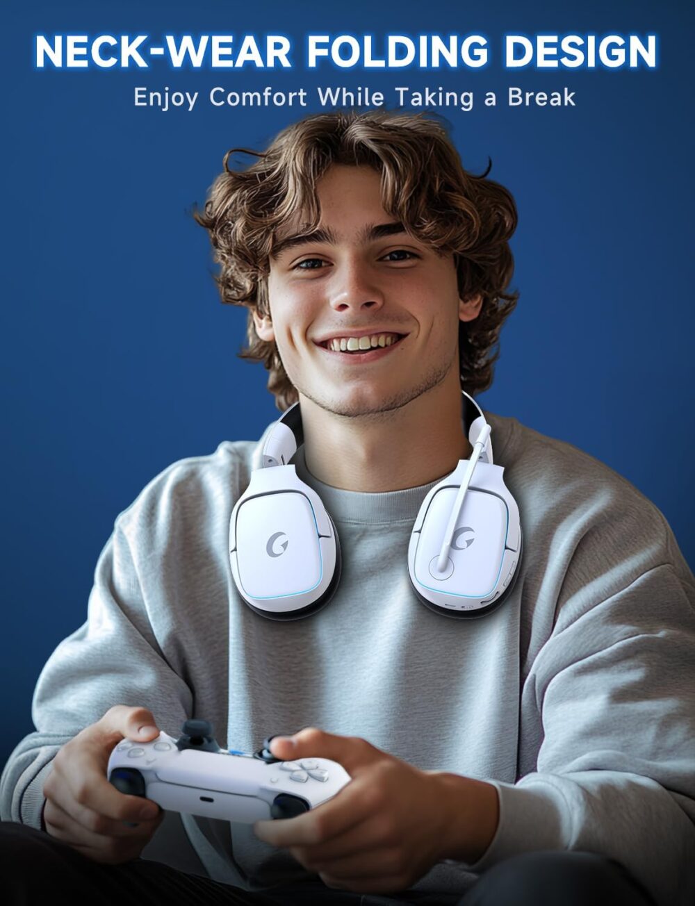 2.4GHz Wireless Gaming Headsets for PS5, PS4, PC, Switch - Bluetooth 5.3 Gaming Headphones with Noise Canceling Mic, 7.1 Surround Sound, 70H Battery, Gaming Lighting - White - Image 4