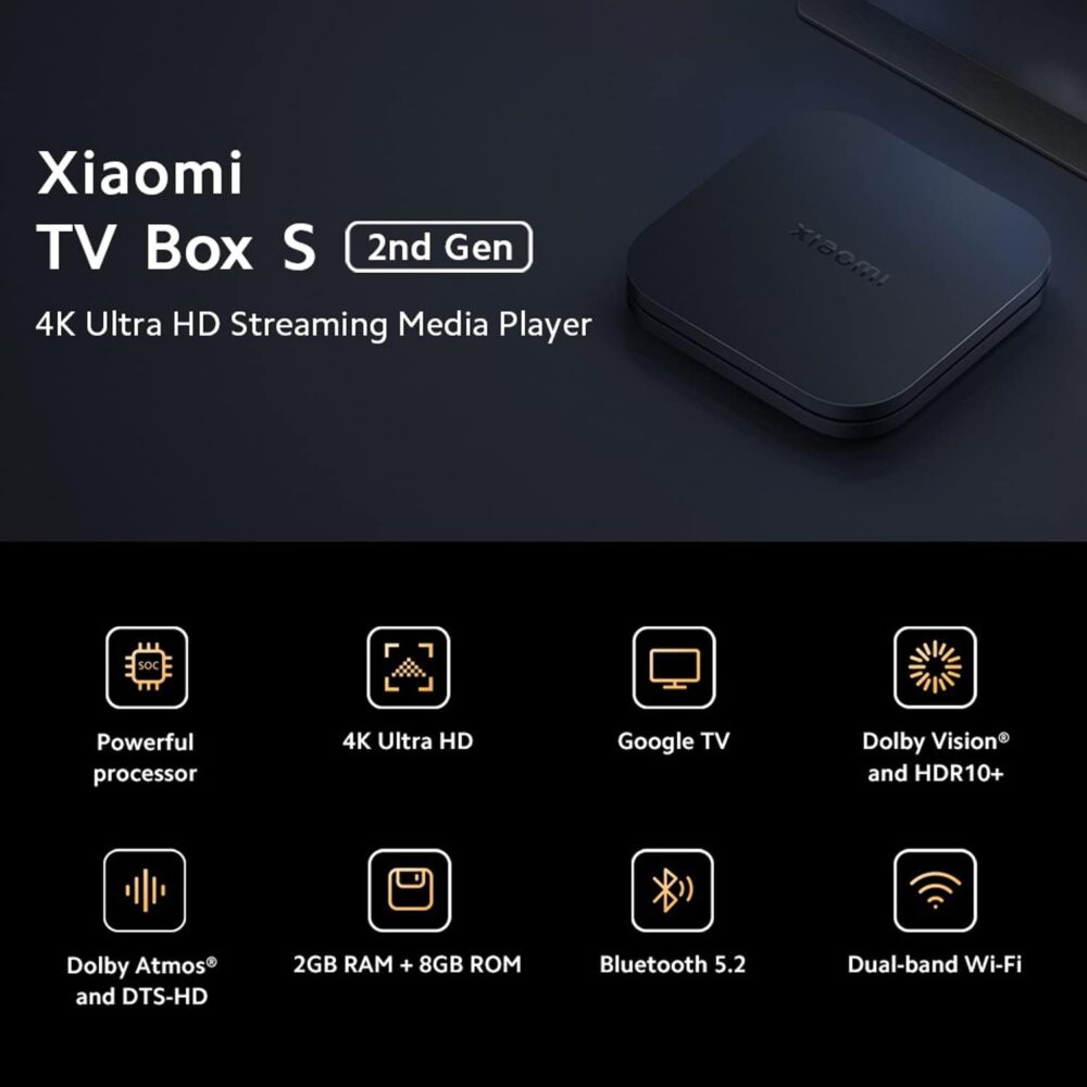 Xiaomi TV Box S (2nd Gen) 4K Ultra HD Streaming Media Player, Google TV Box with 2GB RAM 8GB ROM, 2.4G/5G Dual WiFi, Bluetooth 5.2 & Dolby Audio and DTS-HD, Dolby Vision, HDR10+ - Image 3