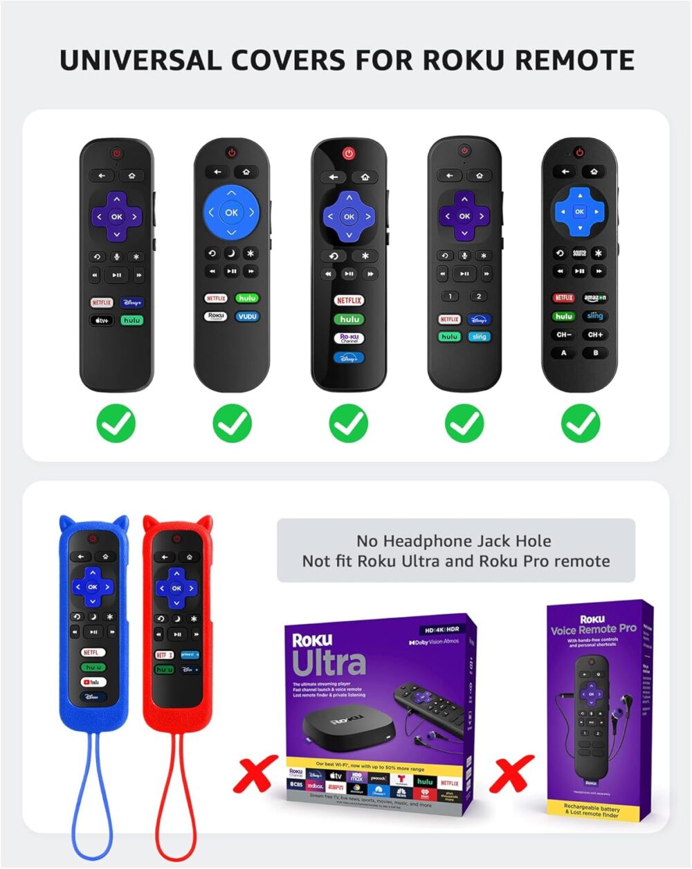3Pcs Cover for Roku Remote with Cat Ears Design, Silicone Skin Case Compatible with Hisense/TCL Roku TV, Steaming Stick/Express, Universal Replacement Controller. Glow in The Dark Green/Blue/Red - Image 3
