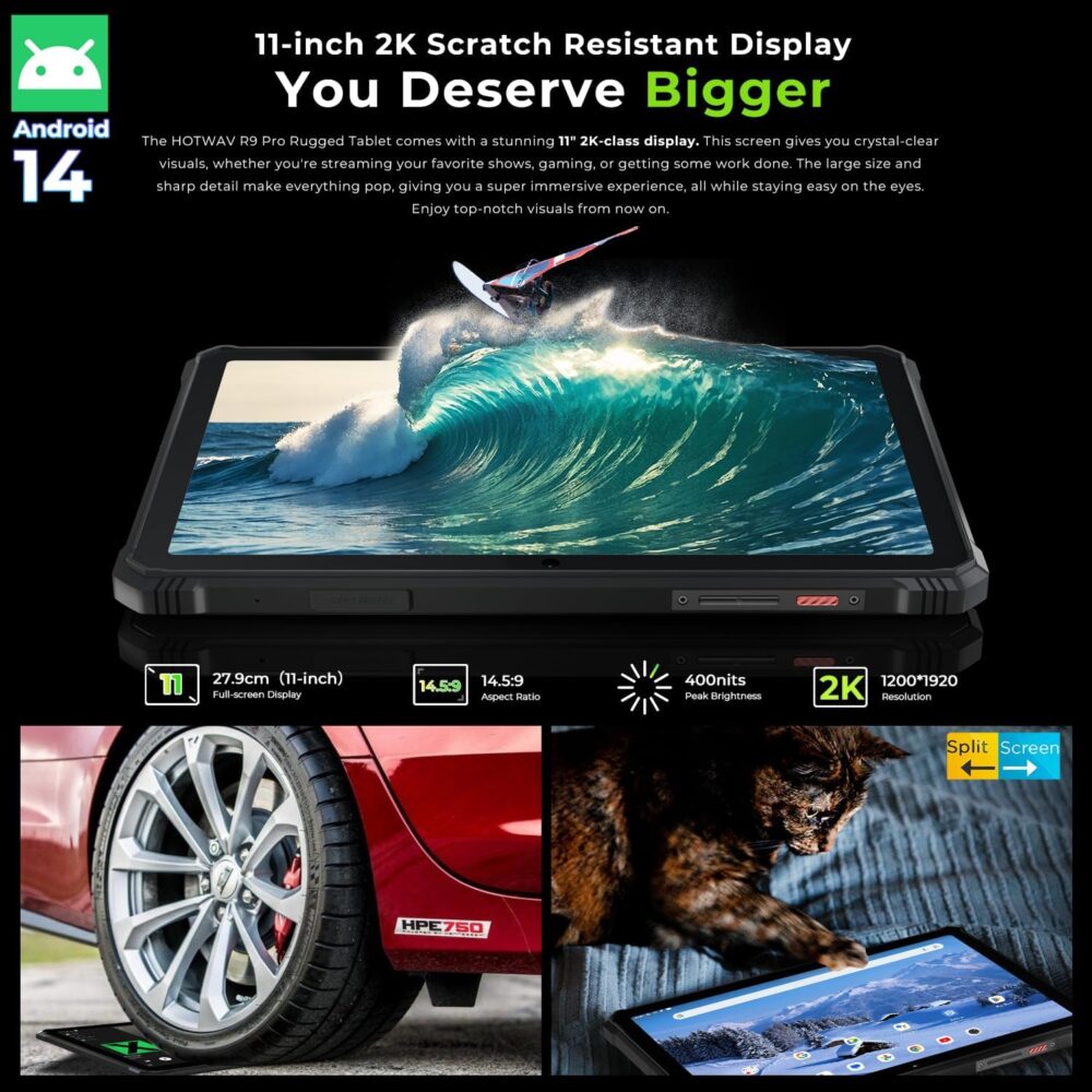 HOTWAV R9 Pro 2025 Upgrade Rugged Tablet 11 inch Android 14, 2K 20080mAh 20GB+256GB (2TB SD), 64MP+16MP Octa-Core IP68IP69K Waterproof Tablet,4G Dual SIM 5G WiFi/Face ID/GPS/OTG - Image 3