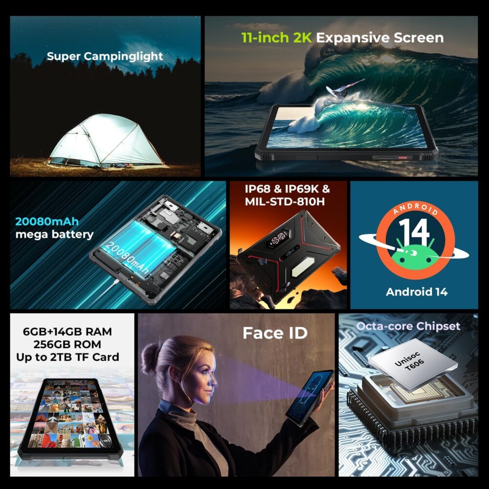 HOTWAV R9 Pro 2025 Upgrade Rugged Tablet 11 inch Android 14, 2K 20080mAh 20GB+256GB (2TB SD), 64MP+16MP Octa-Core IP68IP69K Waterproof Tablet,4G Dual SIM 5G WiFi/Face ID/GPS/OTG - Image 8