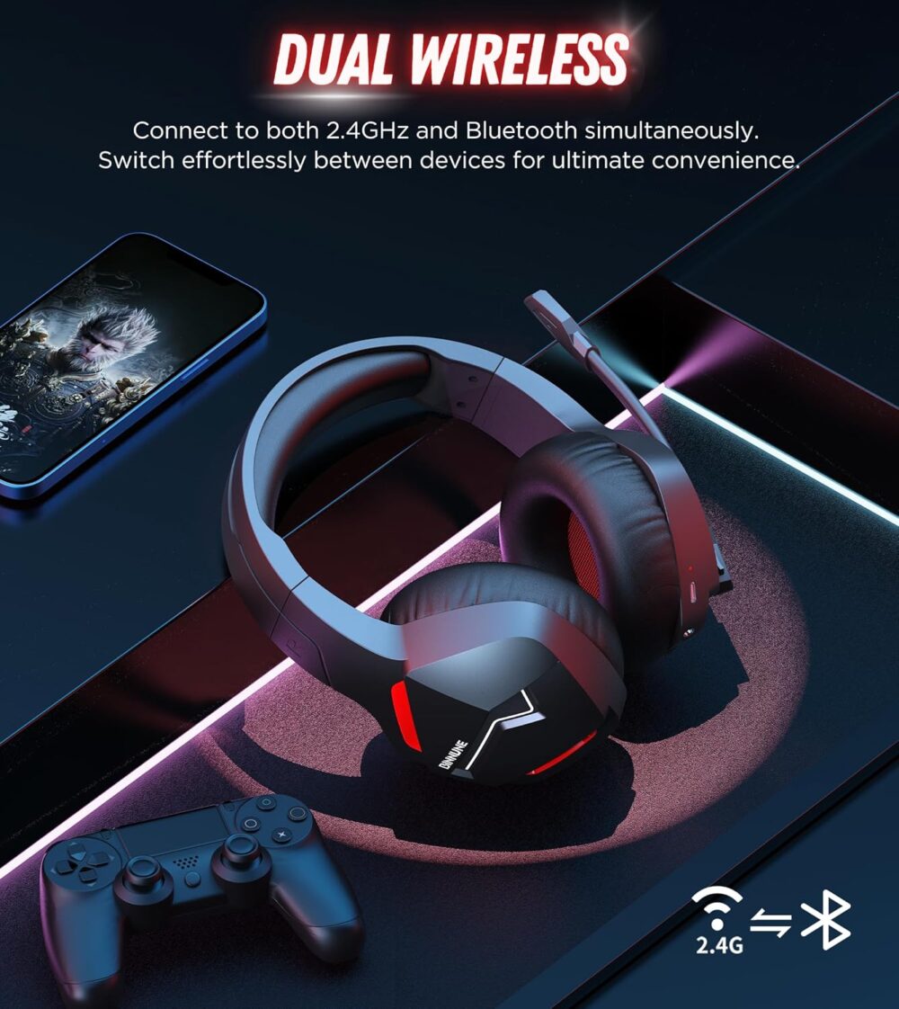 BINNUNE Wireless Gaming Headset with 2.4GHz for PS5, PS4, PC, Switch, FPS Gamers, 120Hrs+ Bluetooth 5.3 Gaming Headsets with Noise Canceling Mic, 50MM Headphones for Laptop, Mobile, Mac - Image 3