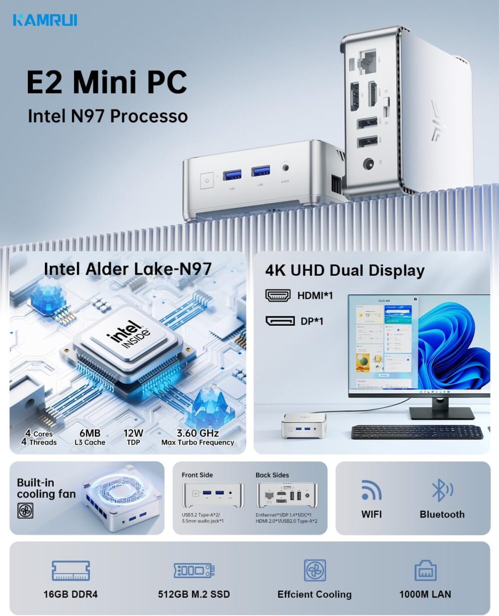 KAMRUI Essenx E2 Mini PC, 16GB RAM 512GB M.2 SSD Mini Computers,12th Alder Lake N97 (up to 3.6GHz) Micro PC, HDMI+DP1.4 Dual 4K UHD Small PC,Gigabit Ethernet,WiFi,BT,Home/Office Mini Desktop Computer - Image 4