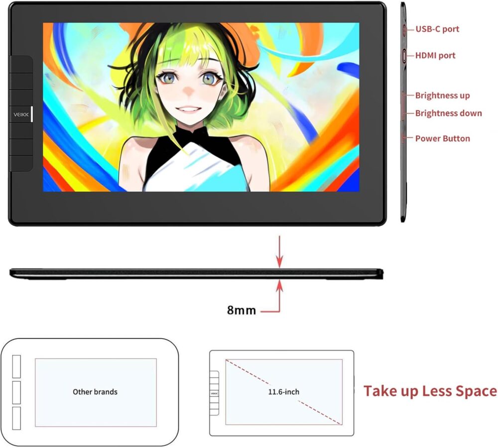 VEIKK VK1200 11.6 inch Drawing Tablet with Screen, 8192 Levels Pressure Battery-Free Pen, Tilt Function, 6 Shortcut Keys, for Artists, Students, and Beginners - Image 5