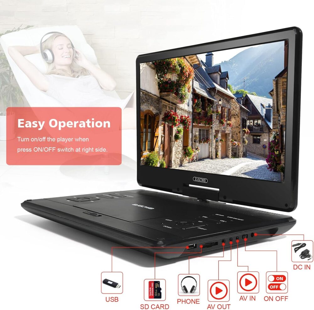 16.9" Portable DVD Player with 14.1" Large HD Screen,High Volume Speaker,4-6 Hours Built-in Rechargeable Battery,Support USB/SD Card/Sync TV and Multiple Disc Formats,Region Free,Remote Control,Black - Image 3