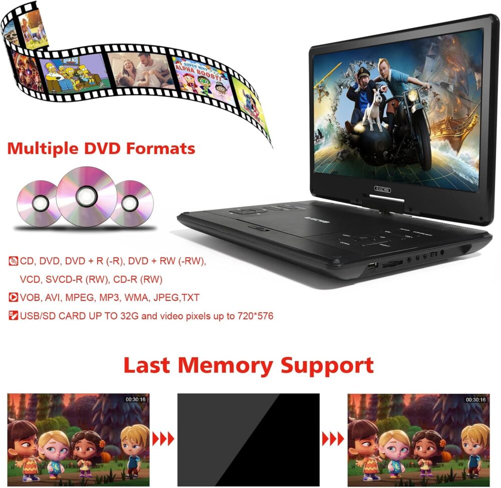 16.9" Portable DVD Player with 14.1" Large HD Screen,High Volume Speaker,4-6 Hours Built-in Rechargeable Battery,Support USB/SD Card/Sync TV and Multiple Disc Formats,Region Free,Remote Control,Black - Image 4