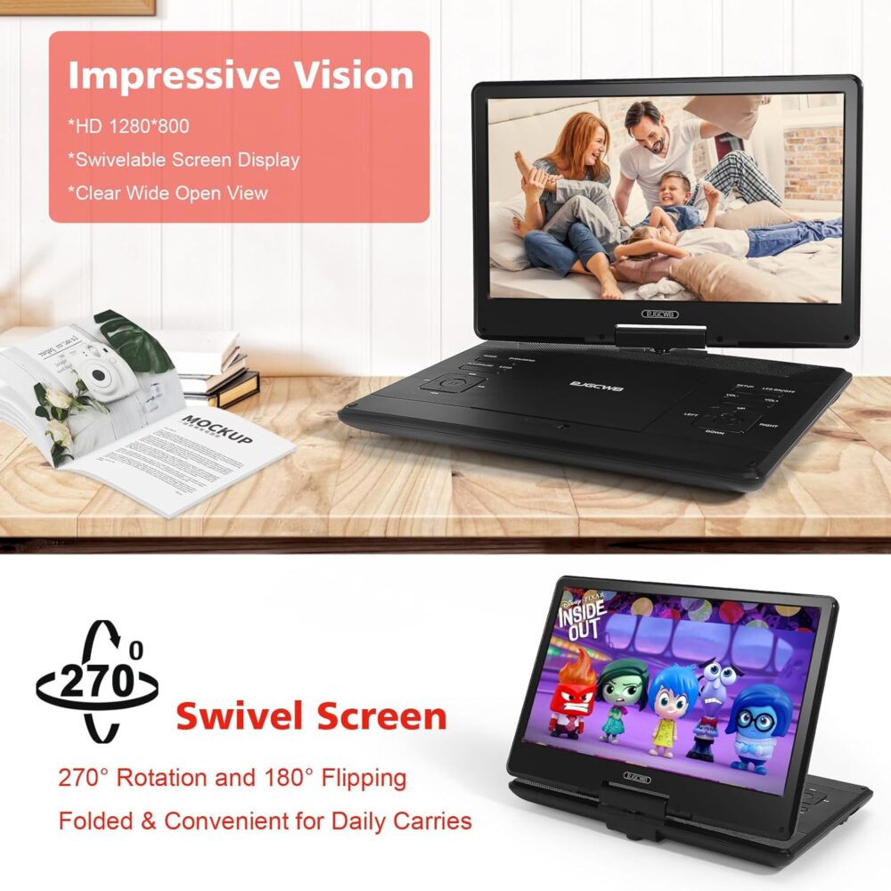 16.9" Portable DVD Player with 14.1" Large HD Screen,High Volume Speaker,4-6 Hours Built-in Rechargeable Battery,Support USB/SD Card/Sync TV and Multiple Disc Formats,Region Free,Remote Control,Black - Image 5