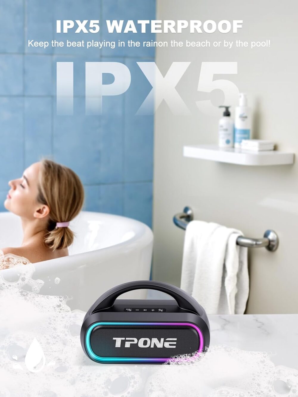 Portable Bluetooth Speaker, 30W Peak, 12H Playtime, IPX5 Waterproof with Light, TWS Pairing, Wireless Speaker for Home/Party/Outdoor/Beach, Birthday Gift (Black) - Image 5