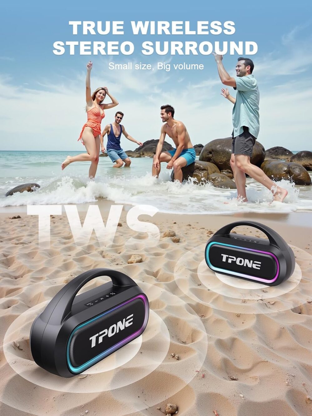 Portable Bluetooth Speaker, 30W Peak, 12H Playtime, IPX5 Waterproof with Light, TWS Pairing, Wireless Speaker for Home/Party/Outdoor/Beach, Birthday Gift (Black) - Image 8