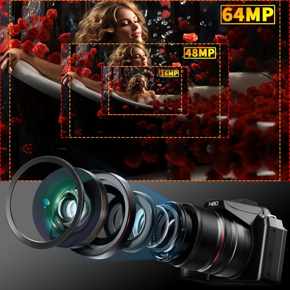 64MP Digital Cameras for Photography,5K Vlogging Cameras for YouTube,16X Optical Zoom Travel Point and Shoot Digital Cameras Fotograficas with 180°Flip Screen,58mm UV Lens,2 Batteries(Black) - Image 3