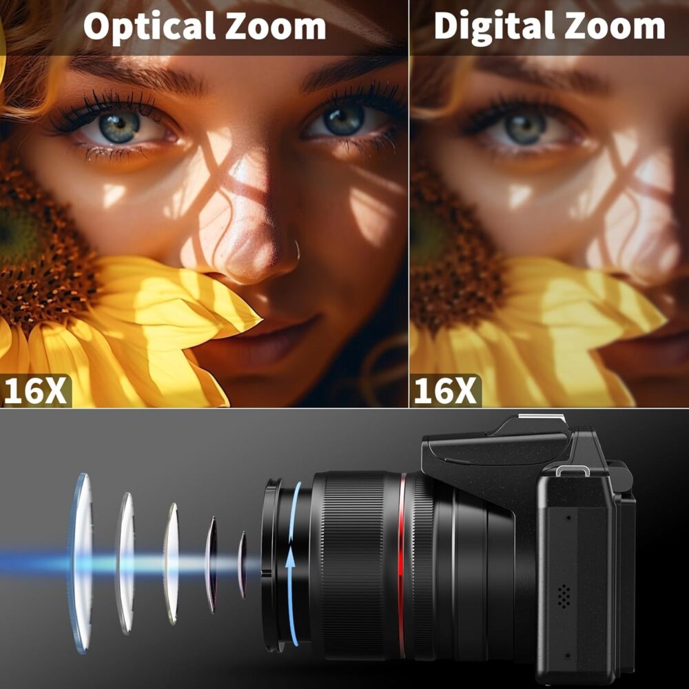 64MP Digital Cameras for Photography,5K Vlogging Cameras for YouTube,16X Optical Zoom Travel Point and Shoot Digital Cameras Fotograficas with 180°Flip Screen,58mm UV Lens,2 Batteries(Black) - Image 5