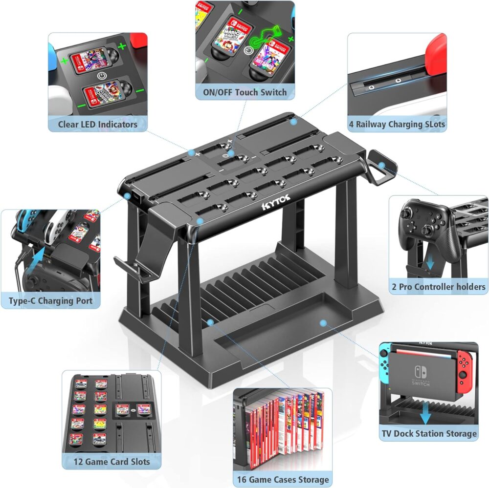 Switch Games Organizer Station with Controller Charger, Charging Dock for Nintendo Switch & OLED Joycons, Kytok Switch Storage and Organizer for Games, TV Dock, Pro Controller, Accessories Kit - Image 5