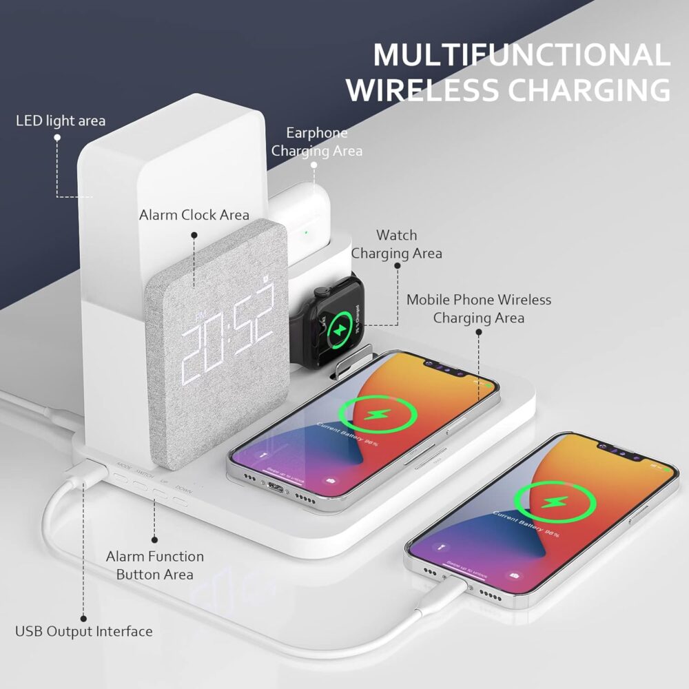 [2025 UV-Coating] COLSUR Wireless Charging Station, 3 in 1 Charging Station, Alarm Clock with Wireless Charger, iPhone 12/13/14/15/16 Pro/13 Mini/13 Pro Max/12 pro, AirPods - Image 3