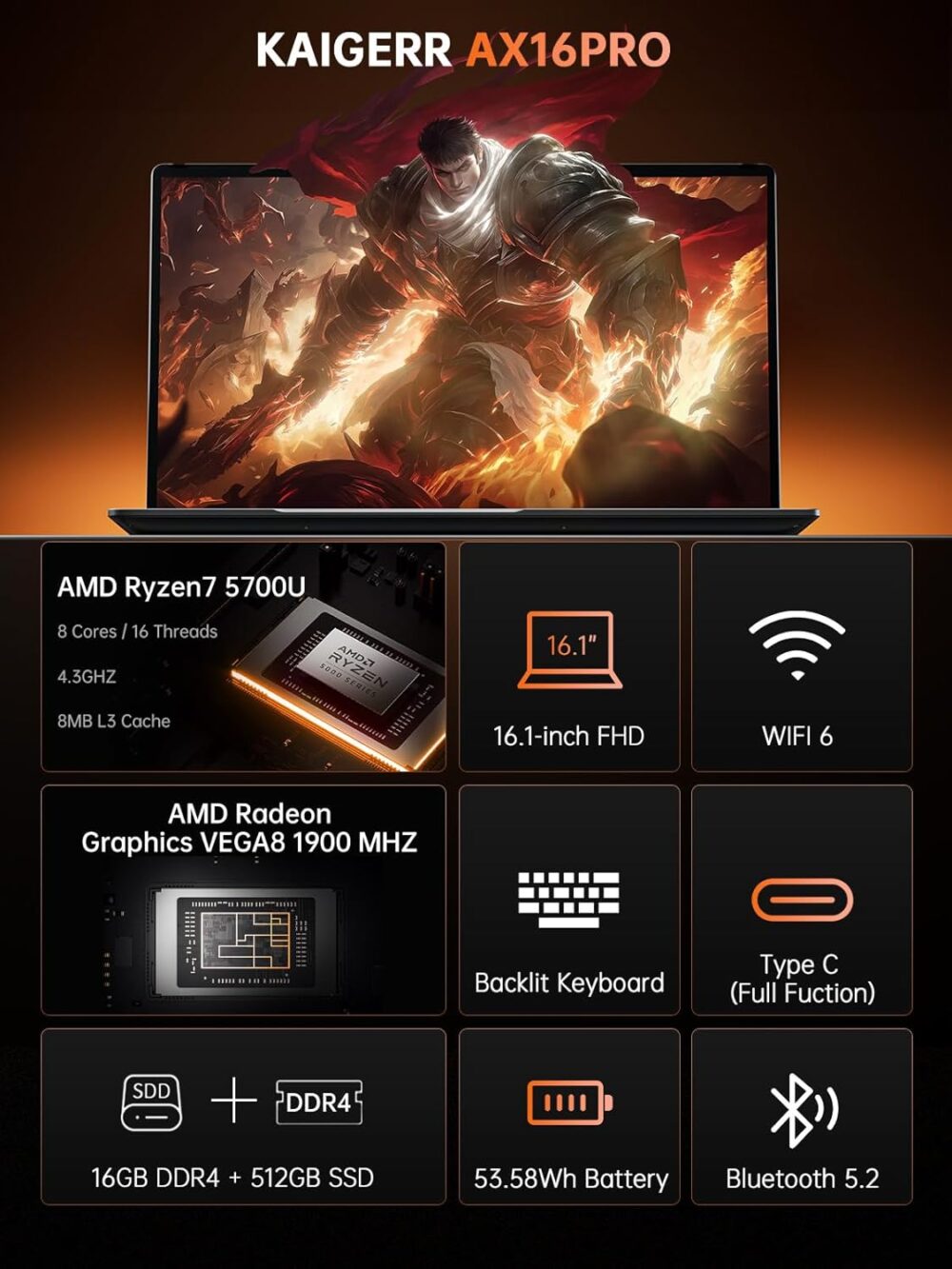 ACEMAGIC 2025 Laptop, Laptop Computer with AMD Ryzen 7 5700U (8C/16T, Up to 4.3GHz), 16GB RAM 512GB NVMe SSD Windows 11 Laptop, Radeon RX Vega 8 Graphics, 16.0-inch Display, WiFi 6,Backlit KB - Image 3