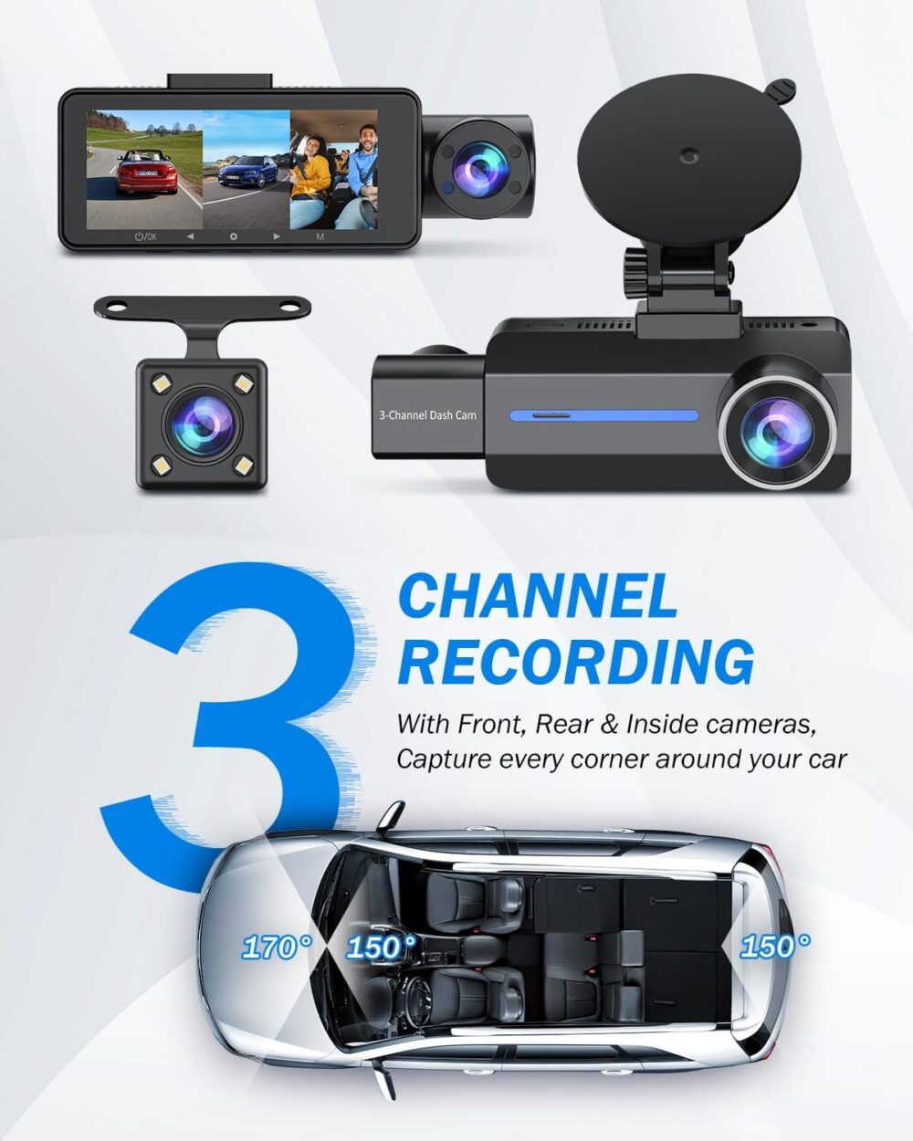 Dash Cam Front and Rear, 2.5K+1440P Triple Car Camera with 32GB Card, 3 Channel Dash Camera for Cars, G-Sensor, 3.16” IPS Screen, 24Hr Parking, 170°Wide Angle, Loop Recording, IR Night Vision, Blue - Image 3
