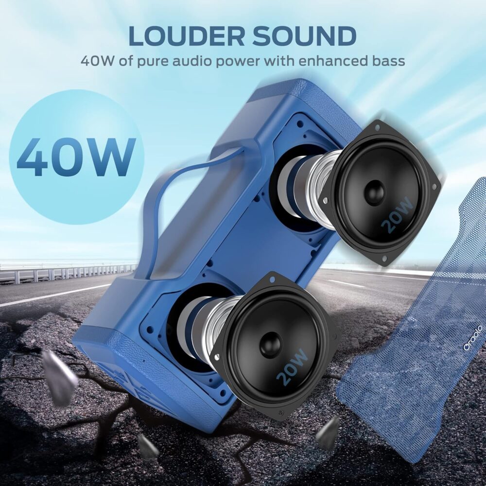 Oraolo Bluetooth Speakers, Loud 40W Portable Bluetooth Speaker Large Stereo Sound, IPX6 Waterproof, Support USB/AUX Input, Built-in Mic for Home Party Outdoor, Blue - Image 3