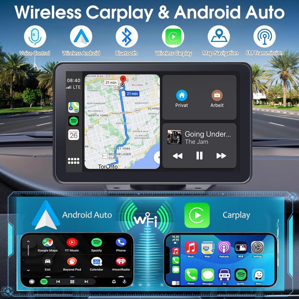 Carplay Screen for Car, 7" HD Wireless Portable Car Play Touchscreen Car Stereo with Android Auto Mirror Link/Backup Camera/GPS Navigation for Car - Image 3