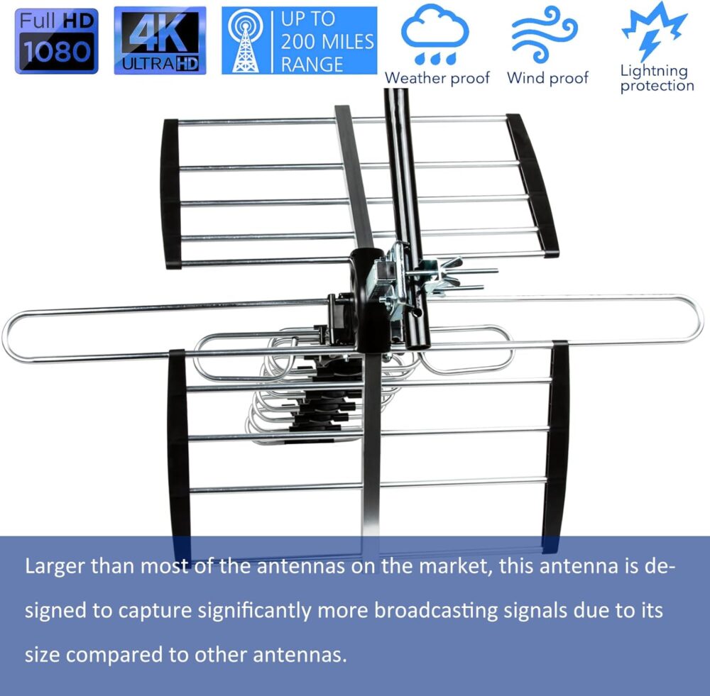 Five Star HDTV Antenna Upgraded 2025 Version VHF/UHF 4K 200 Miles Range with Antenna Splitter Support 4 Tvs & 40ft RG6 Cable, ATSC 3.0 Ready, Mounting Hardware Included - Image 4
