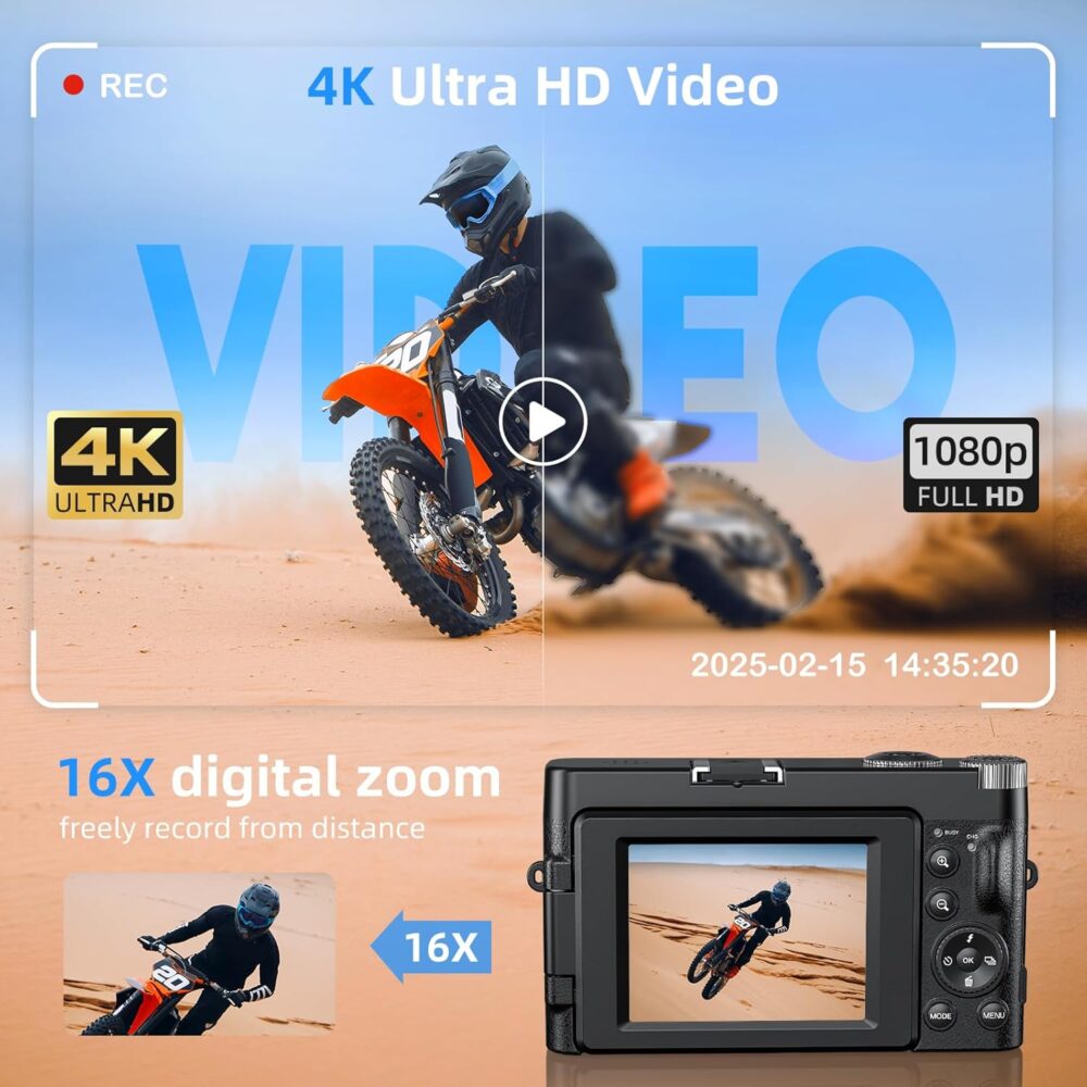 4K Digital Camera for Photography and Video, Autofocus Vlogging Camera with 180° Flip Screen 16X Zoom, 48MP Compact Camera with Flash, 32GB Card, 2 Batteries and Charger - Image 3