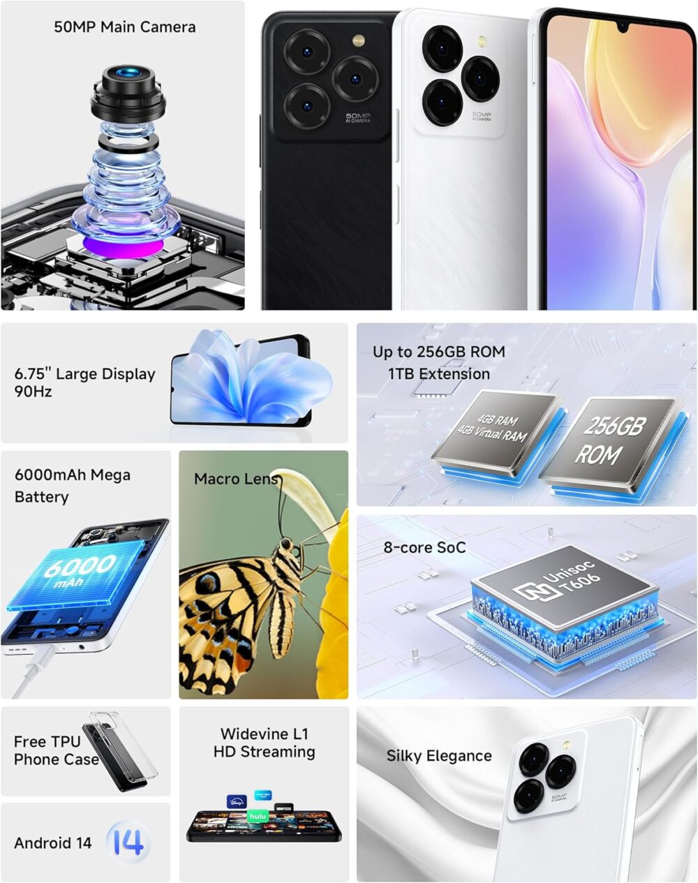 Ulefone Note 20 Pro Unlocked Phones, 6.75 inch 90Hz, Octa Core 8GB+256GB/1TB Expansion Android 14, 50MP Triple Camera, 6000mAh(18W), 4G Dual SIM Smartphone, Fingerprint/Face ID, Widevine L1, Black - Image 3