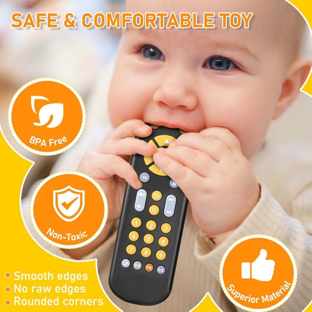 Baby TV Remote Control Toy 6 Month+, Toddler Realistic Remote Toy with Sound and Light, Early Educational Music Toys with 3 Languages English French Spanish for Infant Boys Girls 6 12 18 months - Image 4