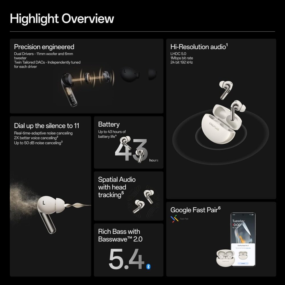 OnePlus Buds Pro 3, Wireless Bluetooth Earbuds, Noise Canceling Earbuds, Deep Bass, Immersive Sound, Up to 44 Hour Playtime with Charging case, Lunar Radiance - Image 3