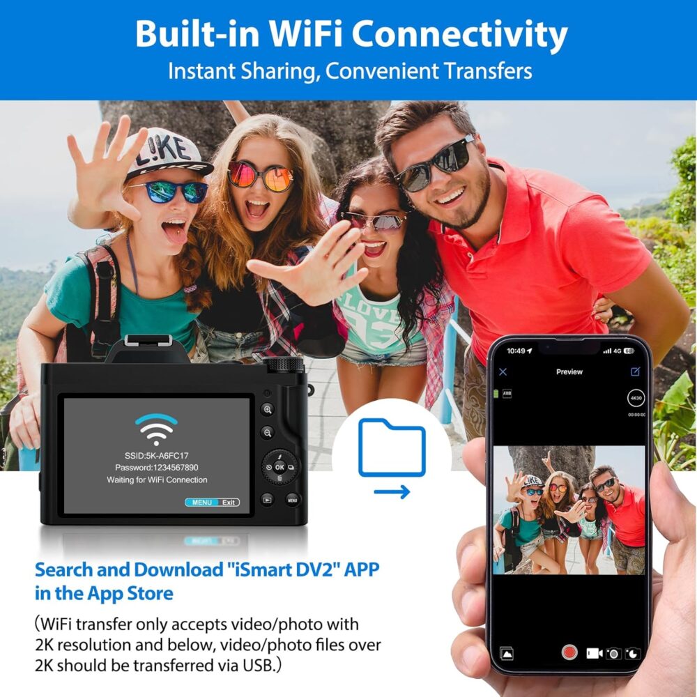 5K Digital Camera WiFi Autofocus Vlogging Camera for YouTube 48MP Camera for Photography and Video, 3.5" Screen Travel Camera with UV Filter, Anti-Shake,16X Digital Zoom,32GB SD Card,2 Batteries - Image 4
