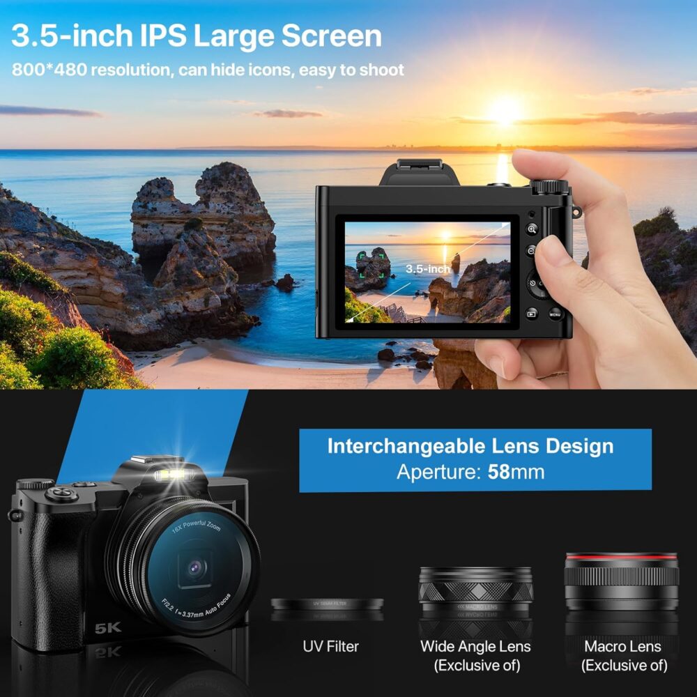 5K Digital Camera WiFi Autofocus Vlogging Camera for YouTube 48MP Camera for Photography and Video, 3.5" Screen Travel Camera with UV Filter, Anti-Shake,16X Digital Zoom,32GB SD Card,2 Batteries - Image 6