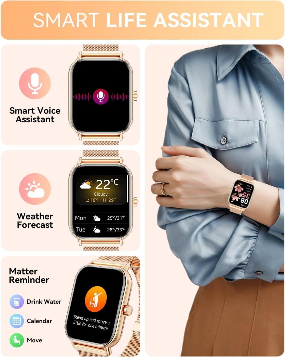 Smart Watch for Women Men, Fitness Tracker Watch for Android Phones iPhone Compatible, 1.85" Smart Watches for Women Men with Blood Oxygen, Heart Rate Monitor, 110+ Sport Modes Smartwatch (2 Strap) - Image 3
