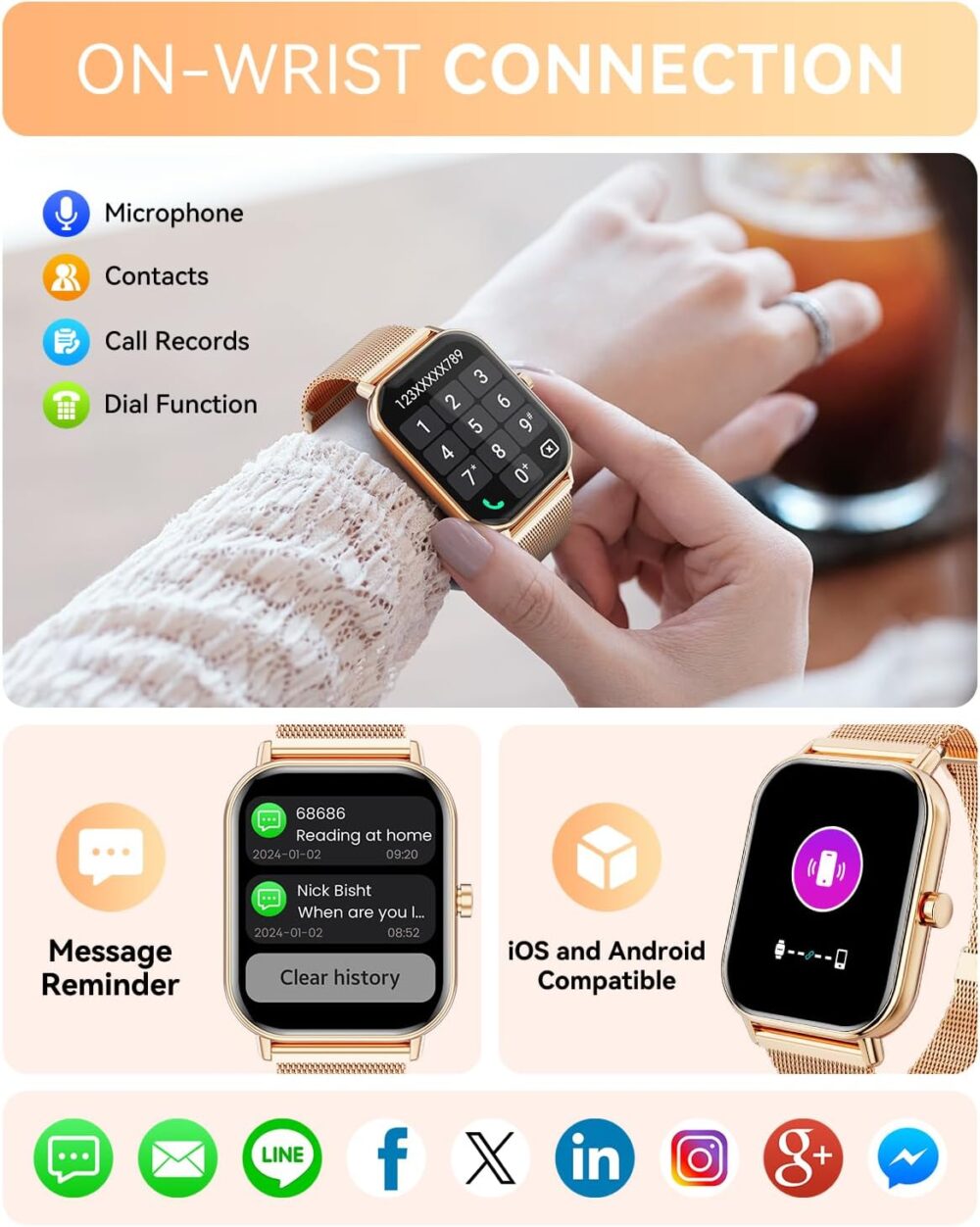 Smart Watch for Women Men, Fitness Tracker Watch for Android Phones iPhone Compatible, 1.85" Smart Watches for Women Men with Blood Oxygen, Heart Rate Monitor, 110+ Sport Modes Smartwatch (2 Strap) - Image 4