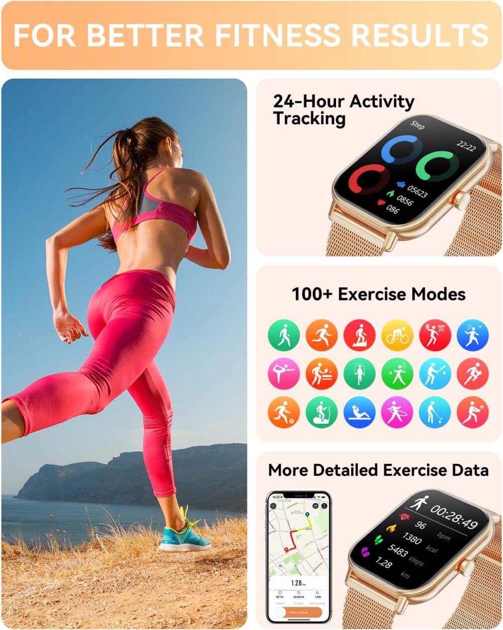 Smart Watch for Women Men, Fitness Tracker Watch for Android Phones iPhone Compatible, 1.85" Smart Watches for Women Men with Blood Oxygen, Heart Rate Monitor, 110+ Sport Modes Smartwatch (2 Strap) - Image 6