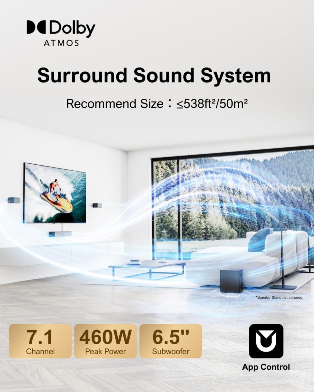 ULTIMEA 7.1 Surround Sound System for TV with Dolby Atmos, 460W Sound Bar for TV with 6.5" Subwoofer, APP Control, 4 Wired Surround Speakers, Home Theater Sound System, Poseidon D80 (2025 Upgrade) - Image 5