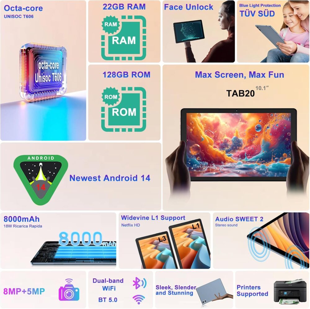 2025 Android 14 Tablet, 22G+128G/1TB Expansion, 10 inch Tablets with 8000 mAh Battery, Octa-Core, GPS, Split-Screen, Face Unlock, 2 in 1 Tablet with Keyboard, Mouse, Case, Metal Grey - Image 3