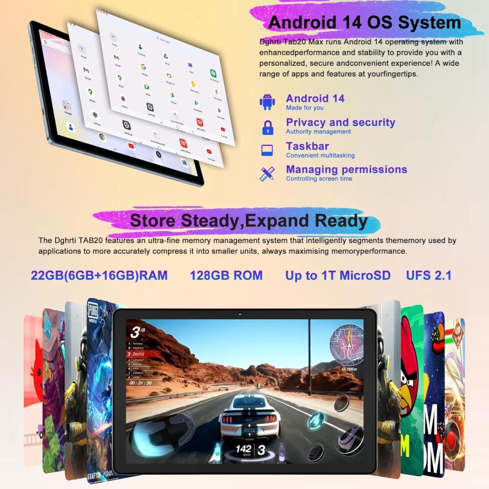 2025 Android 14 Tablet, 22G+128G/1TB Expansion, 10 inch Tablets with 8000 mAh Battery, Octa-Core, GPS, Split-Screen, Face Unlock, 2 in 1 Tablet with Keyboard, Mouse, Case, Metal Grey - Image 4