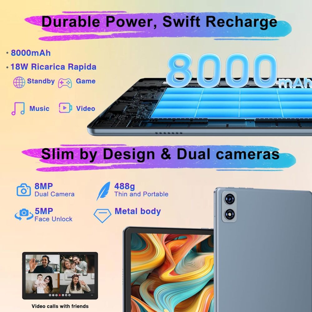 2025 Android 14 Tablet, 22G+128G/1TB Expansion, 10 inch Tablets with 8000 mAh Battery, Octa-Core, GPS, Split-Screen, Face Unlock, 2 in 1 Tablet with Keyboard, Mouse, Case, Metal Grey - Image 5