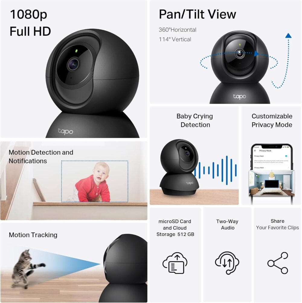Tapo by TP-Link Pan/Tilt Security Camera for Baby Monitor, Pet Camera w/Motion Detection, 1080P, 2-Way Audio, Night Vision, Cloud & SD Card Storage, Works with Alexa & Google Home, Black (Tapo C201) - Image 3