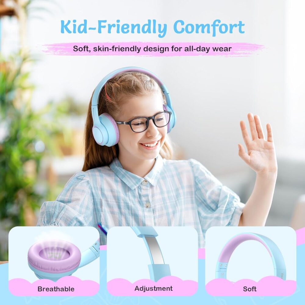 Active Noise Cancelling Headphones for Kids, 60H Playtime,Purple Wireless Bluetooth Over-Ear Headset Built-in Microphone for Home/School/Travel/Party - Includes Portable Case - Image 3