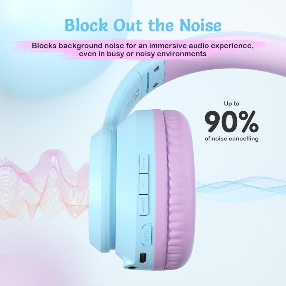 Active Noise Cancelling Headphones for Kids, 60H Playtime,Purple Wireless Bluetooth Over-Ear Headset Built-in Microphone for Home/School/Travel/Party - Includes Portable Case - Image 4