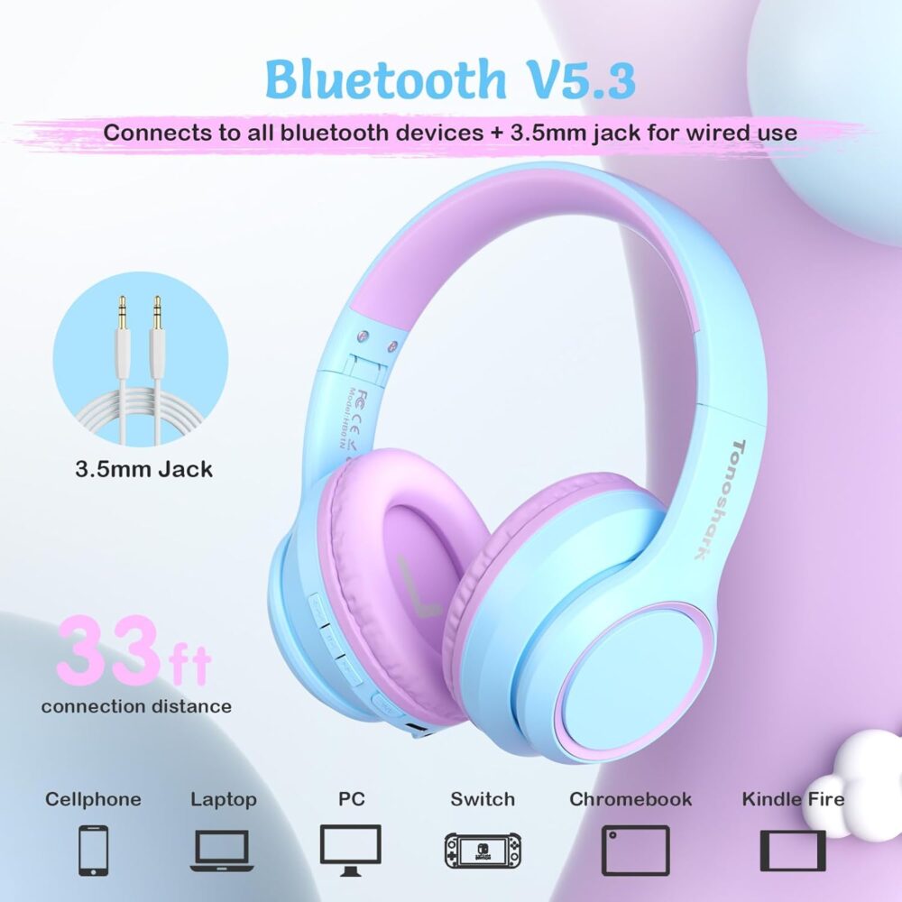 Active Noise Cancelling Headphones for Kids, 60H Playtime,Purple Wireless Bluetooth Over-Ear Headset Built-in Microphone for Home/School/Travel/Party - Includes Portable Case - Image 7