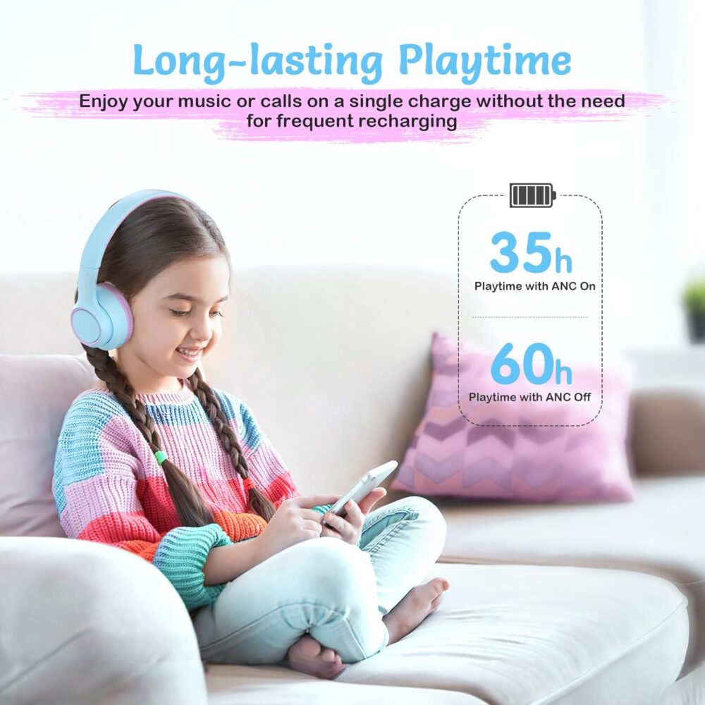Active Noise Cancelling Headphones for Kids, 60H Playtime,Purple Wireless Bluetooth Over-Ear Headset Built-in Microphone for Home/School/Travel/Party - Includes Portable Case - Image 8