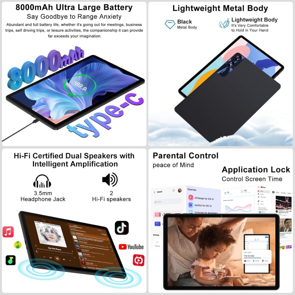 Android 14 Tablet 11 Inch Tablets, 24GB RAM 256GB ROM(1TB Expand), Octa-Core Tablets with 8000 mAh Battery, 5G WiFi, Bluetooth 5.0, Android Tablet 5MP+13MP Dual Camera, IPS Touch Screen, GPS Tab-Black - Image 8