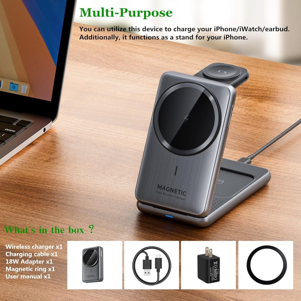 2025 Magntic Wireless Charging Station for iPhone,3 in 1 Wireless Charger Stand Travel Foldable Mag-Safe Charger for iPhone 16/15/14/13/12 Series,Apple Watch 2-10 Series/Ultral/SE,AirPods Pro/2/3/4 - Image 5